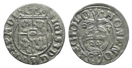 Poland, Sigismund III (1587-1632). AR 3 Polker 1622 (18mm, 1.13g, 9h). Crowned arms. R/ Globus cruciger. KM 41. VF