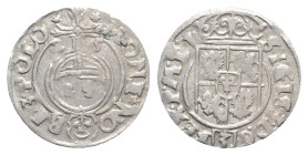 Poland, Sigismund III (1587-1632). AR 3 Polker 1623 (19mm, 1.15g, 6h). Crowned arms. R/ Globus cruciger. KM 41. VF