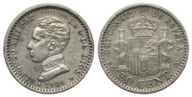 Spain, Alfonso XIII (1886-1931). AR 50 Centimos 1904 (18mm, 2.48g, 6h). KM 723. EF