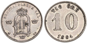 Sweden, Oscar II (1872-1907). 10 Ore 1884 (15mm, 1.40g). Coat of arms. R/ Value. KM 755. VF
