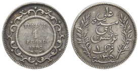 Tunisia, Ali III. AR 1 Franc 1892 (23mm, 4.99g, 6h). KM 224. Good VF