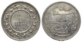 Tunisia, Muhammad V. AR 1 Francs 1915 (23mm, 5.01g, 6h). KM 238. EF