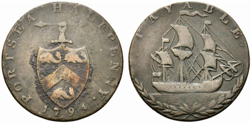 Great Britain, Hampshire. Portsea. Æ Half Penny Token 1794. HALFPENNY, Ship sail...