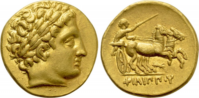 KINGS OF MACEDON. Philip II (359-336 BC). GOLD Stater. Pella.

Obv: Laureate h...