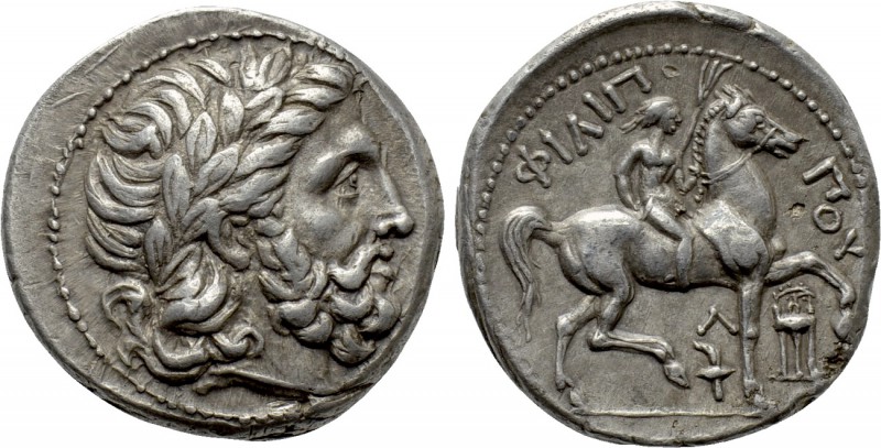 KINGS OF MACEDON. Philip II (359-336 BC). Tetradrachm. Amphipolis.

Obv: Laure...