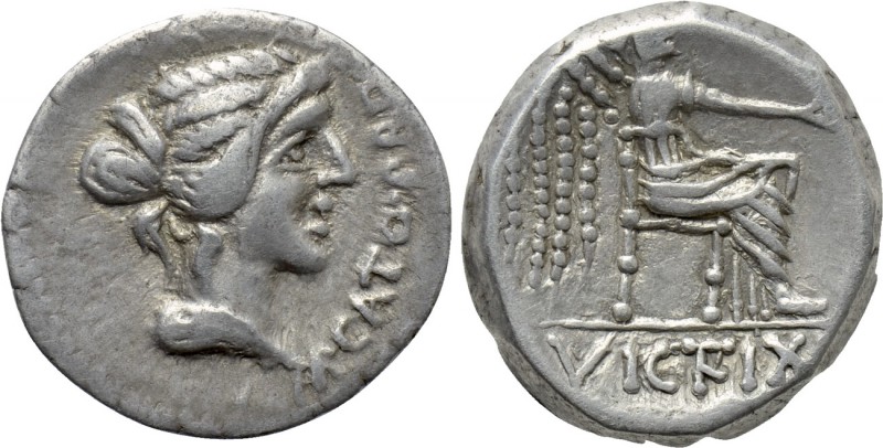M. PORCIUS CATO. Denarius (47-46 BC). Utica.

Obv: M CATO PRO PR.
Draped fema...