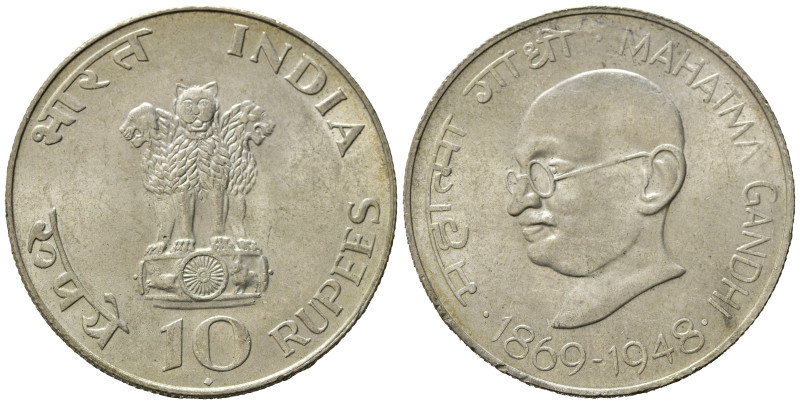 INDIA. 10 rupie, 1969. 100° anniversario - Nascita di Mahatma Gandhi. Argento 0....