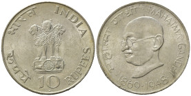 INDIA. 10 rupie, 1969. 100° anniversario - Nascita di Mahatma Gandhi. Argento 0.800, 15g, ø 34mm. KM# 185. qFDC