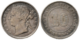 STRAITS SETTLEMENTS. Victoria. 10 cents 1886. Ag. qSPL