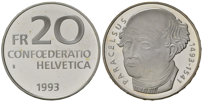 SVIZZERA. 20 Francs 1993. 500° anniversario - Nascita di Paracelso. Ag. KM#73. P...