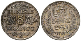 TUNISIA. 5 Francs 1934-1939. Argento 0.680, 5g. KM# 261. SPL+