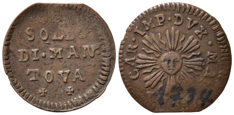 MANTOVA. Carlo VI d'Asburgo (1707-1740). Soldo 1734. Cu (2,18 g). Scritta di vec...