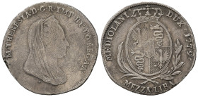 MILANO. Maria Teresa d'Asburgo (1740-1780). Mezza lira 1779. Ag. MIR 438. RR. MB