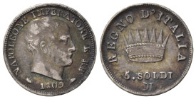 MILANO. Napoleone I, Re d'Italia (1805-1814). 5 soldi 1809 M. Ag. Gig. 188. BB+