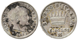 MILANO. Napoleone I, Re d'Italia (1805-1814). 5 soldi 1811 M. Ag. Gig. 190. SPL