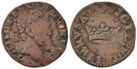 NAPOLI. Filippo II di Spagna (1554-1598). 2 Cavalli con sigle IBR. Testa coronata a d. - Corona. Cu (2,47 g). qBB
