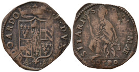 PARMA. Odoardo Farnese (1622-1646). Soldo. Cu (5,09 g). Stemma - Sant'Ilario. Contromarca con chiavi decussate. MIR 1022. BB