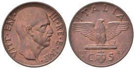 Regno d'Italia. Vittorio Emanuele III (1900-1943) 5 Centesimi 1937. Cu. Gig. 285. FDC rame rosso