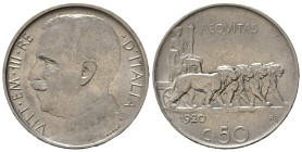 Regno d'Italia. Vittorio Emanuele III (1900-1943). 50 centesimi 1920 contorno liscio "Leoni". Gig. 164. SPL+