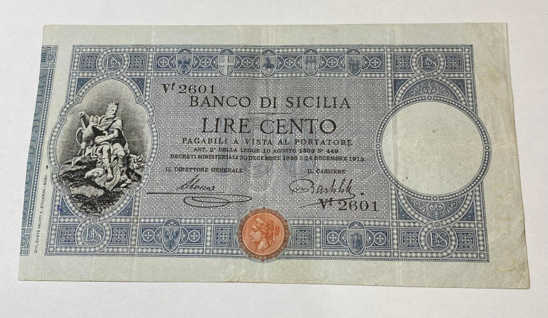 Banco di Sicilia. Biglietto al portatore. 100 Lire 2° tipo. Decreto 24 dicembre ...