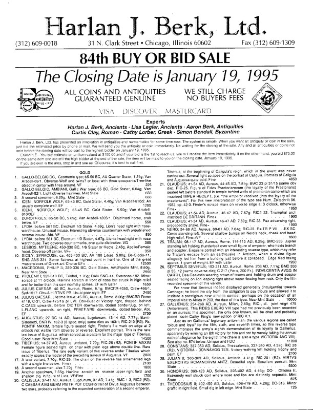 BERK HARLAN J. - Chicago,19 - January, 1995. 84 bid sale. Coins - Antiquities. P...