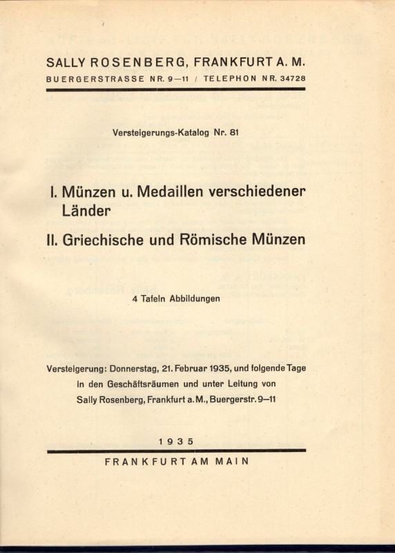 ROSENBERG S. - Katalog, 81. Frankfurt am Main, 21 - Februar, 1935. Munzen u.meda...