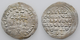Byzantine Empire. Basil II Bulgaroktonos, with Constantine VIII. 976-1025. AR Miliaresion (26mm, 2.98g). Constantinople mint. ЄҺ TOVTω ҺICAT ЬASILЄI C...