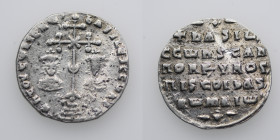 Byzantine Empire. Basil II Bulgaroktonos, with Constantine VIII. 976-1025. AR Miliaresion (21mm, 2.40g). Constantinople mint. ЄҺ TOVTω ҺICAT ЬASILЄI C...