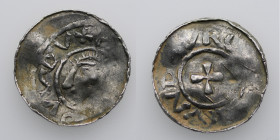 Germany. Saxony. Bernhard I 973-1011. AR Denar (19mm, 1.34g). Bardowick (or Lüneburg or Jever?) mint. Diademed and draped bust left / Small cross patt...