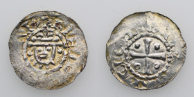 Germany. Saxony. Hermann 1059-1086. AR Denar (18.5mm, 0.73g). Jever mint. Crowned head facing / Cross with pellets in each angle. Dbg. 597; Kluge 244....