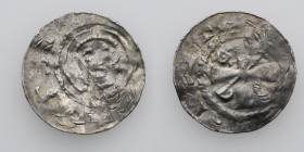 Germany. Archdiocese of Magdeburg. Anonymous c. 1050. AR Denar (18mm, 1.24g). Gittelde mint. Head of saint / Cross, in angles possible alpha and omega...