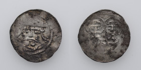 Germany. Duchy Saxony. Goslar. Heinrich III 1046-1056. AR Denar (17mm, 0.88g). [HE]NRI[CVS IMPR], crowned bust facing / [S – SIMONS - S IVDAS], adjace...
