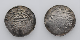 Germany. Duchy Saxony. Goslar. Heinrich III 1046-1056. AR Denar (18mm, 1.00g). HE[NRICVS] IMPR, crowned bust facing / +S [– SIMONS - S IVD]AS, adjacen...