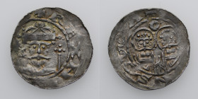 Germany. Saxony. Goslar. Heinrich IV 1056-1084. AR Denar (19mm, 1.02g). Goslar mint. +REX H[EINRCIVS], crowned bust facing, cross tipped scepter right...