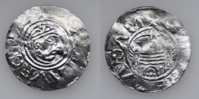 Germany. Helmstadt. 11th century. AR Denar (22mm, 1.26g). Helmstadt mint. Crowned head right / Church with three towers on top of two arches. Dbg. 705...