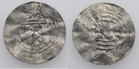 Germany. Helmstadt. 11th century. AR Denar (20mm, 0.95g). Helmstadt mint. Crowned head right / Church with three towers on top of two arches. Dbg. 705...