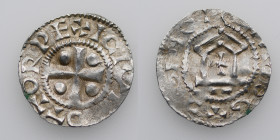 Germany. Mainz. Otto III 983-1002. AR Denar (18mm, 1.51g). Mainz mint. ICIV[__]OTTOREX, cross with pellets in each angle / Church facade, cross in cen...