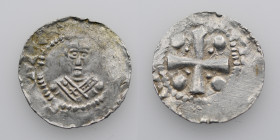 Germany. Mainz. Heinrich II 1002-1024. AR Denar (18mm, 1.60g). Mainz mint. Bust facing / Cross with pellets in each angle. Dbg. 802 var; Kluge 445. Ne...