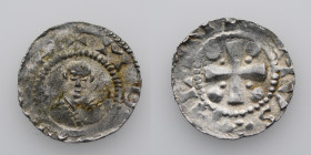 Germany. Mainz. Heinrich II 1002-1024. AR Denar (18mm, 1.70g). Mainz mint. Bust facing / Cross with pellets in each angle. Dbg. 802 var; Kluge 445. Ne...