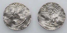 Germany. Mainz. Heinrich II 1002-1024. AR Denar (19mm, 1.63g). Crowned bust facing, holding scepter right / Church with arched roof, three towers with...