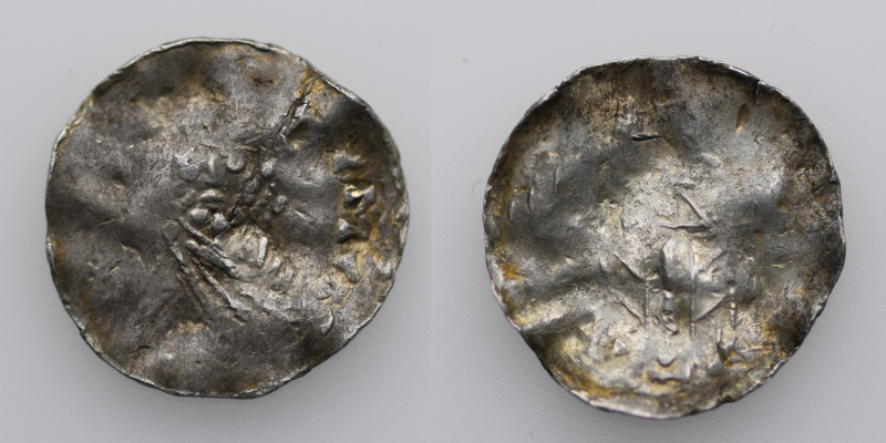 Germany. Mainz. Heinrich II 1002-1024. AR Denar (18mm, 1.32g). Crowned bust faci...