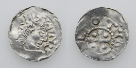 Germany. Franconia. Otto III 983-1002. AR Denar (18mm, 1.11g). Würzburg mint. [S] KILIAN S, bust of St. Kilian right / OTTO [IMP]E, cross with pellet ...
