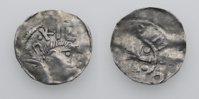 Germany. Franconia. Otto III 983-1002. AR Denar (18mm, 1.14g). Würzburg mint. S KIL[IAN S], bust of St. Kilian right / [•OTT]O IMP[E] (retrograde), cr...
