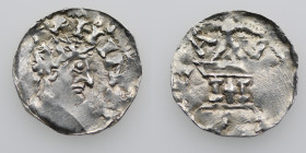 Germany. Swabia. Heinrich II 1002-1024. AR Denar (19mm, 1.34g). Strasbourg mint. +HINR[ICVISREX], crowned head right / A[RGENTI]NA, church with cross ...