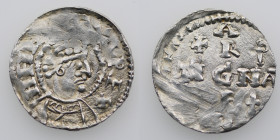 Germany. Swabia. Heinrich II 1002-1024. AR Denar (20mm, 1.40g). Strasbourg mint. HEIN[RICV]SREX, crowned head right / ARGE[N]-TIGNA, cross written in ...