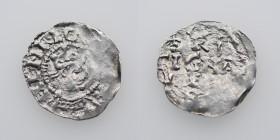 Germany. Swabia. Heinrich II 1002-1024. AR Obol (15mm, 0.60g). Strasbourg mint. HENRIC[VSREX], crowned head right / ARGEN-TIGNA, cross written in betw...