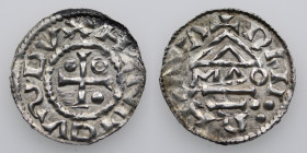 Germany. Duchy of Bavaria. Heinrich II 985-995. AR Denar (21mm, 1.73g). Regensburg mint; moneyer MΛO. HENRDVSDVX, cross with one pellet in opposing an...