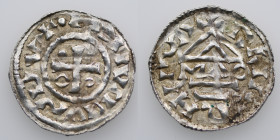 Germany. Duchy of Bavaria. Heinrich II 985-995. AR Denar (22mm, 1.66g). Regensburg mint; moneyer MΛO. +·HƎIVRIVSUV, cross with one pellet in opposing ...