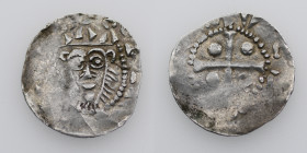 The Netherlands. Deventer. Konrad II 1027-1039. AR Denar (17.5mm, 1.17g). Deventer mint. Bearded head facing / Cross with pellets in each angle. Ilisc...