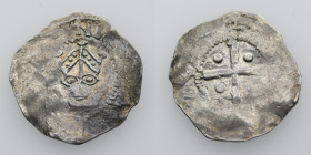 The Netherlands. Tiel. Konrad II 1024-1039. AR Denar (18mm, 1.35g). Crowned head facing / Cross with a pellet in each angle. Ilisch 3.3 var; Dbg. 578 ...